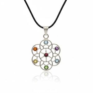 Chakra Gemstone Pendant Necklace Silver Tone Flower of Life Cord‎